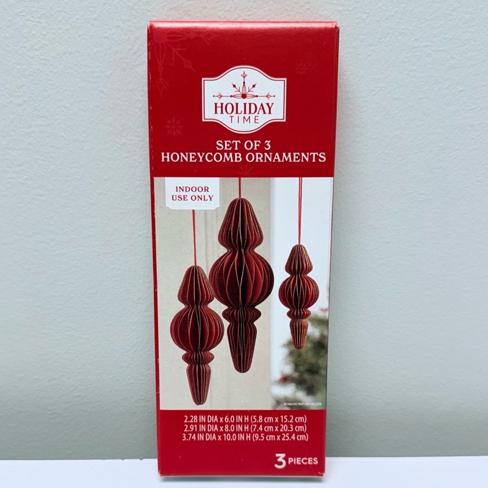 New! Holiday Time Set of 3 Red Paper Finial Christmas Holiday Ornaments / Decor